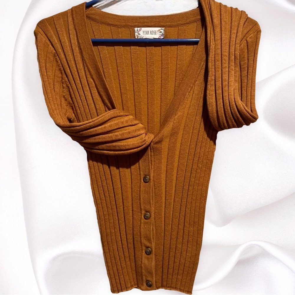 Pink Rose Tan Ribbed Cardigan